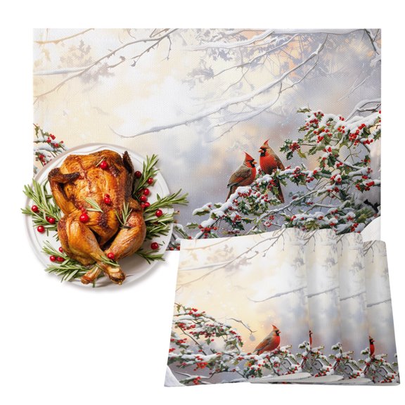 Christmas Red Bird on Tree Branch Placemats Set of 6,Wipeable Washable Table Mats for Dining Tables, Winter Berry Snow Scenery Place Mats for Kitchen Event Party Tabletop Decor