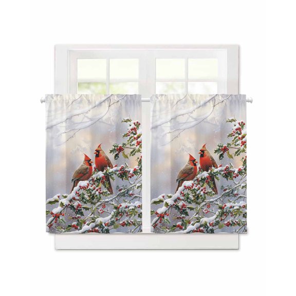 Christmas Red Bird on Tree Branch Short Blackout Curtains 36 Inch Long,Winter Berry Snow Scenery Rod Pocket Kitchen Curtains,2 Panels Thermal Insulated Room Darkening Drapes for Bedroom,30"Wx36"L