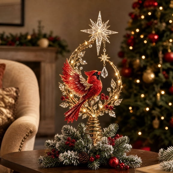 Christmas Red Bird Tree Topper - 7.87in Cardinal Star Decoration for Holiday Tree & Home Decor