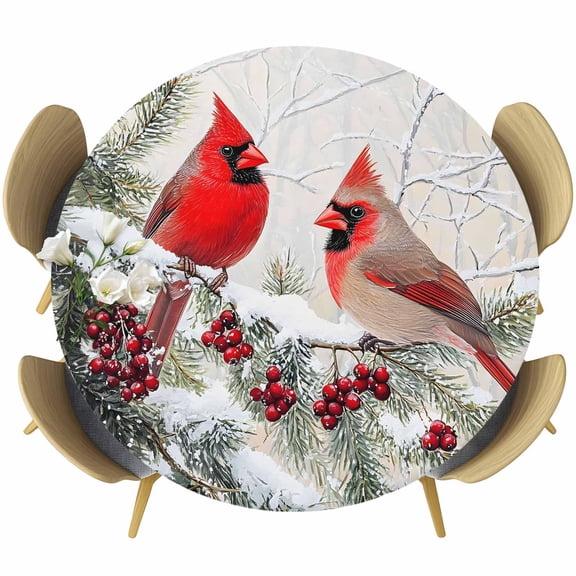 Christmas Red Birds Round Tablecloth, Fitted Table Cover with Elastic for 36"-44" Round Tables, Winter Holiday Pine Branches Snowflake Table Cloth Outdoor Indoor Dinning Party Waterproof Tablecloths