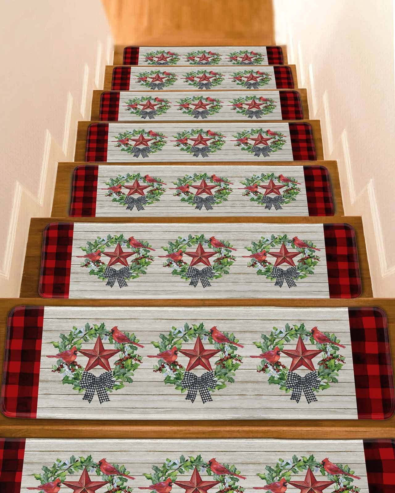 Wraeth Stairs Christmas Red Birds Stair Treads for Wooden Steps Indoor Runner Rug ...