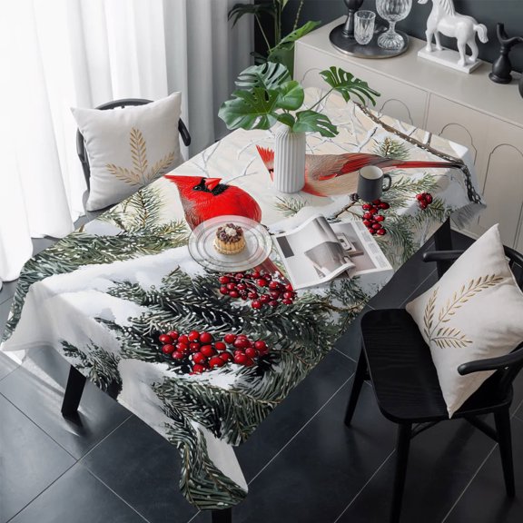 Christmas Red Birds Table Cloth Waterproof Tablecloths, Winter Holiday Pine Branches Snowflake Tablecloth Dining Table Cover for Kitchen Party Tabletop Outdoor, Rectangle Tablecloth 60x120 Inch