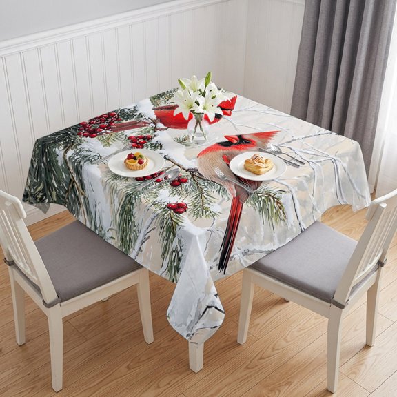 Christmas Red Birds Table Cloth Waterproof Tablecloths, Winter Holiday Pine Branches Snowflake Tablecloth Dining Table Cover for Kitchen Party Tabletop Outdoor, Square Tablecloth 54x54 Inch