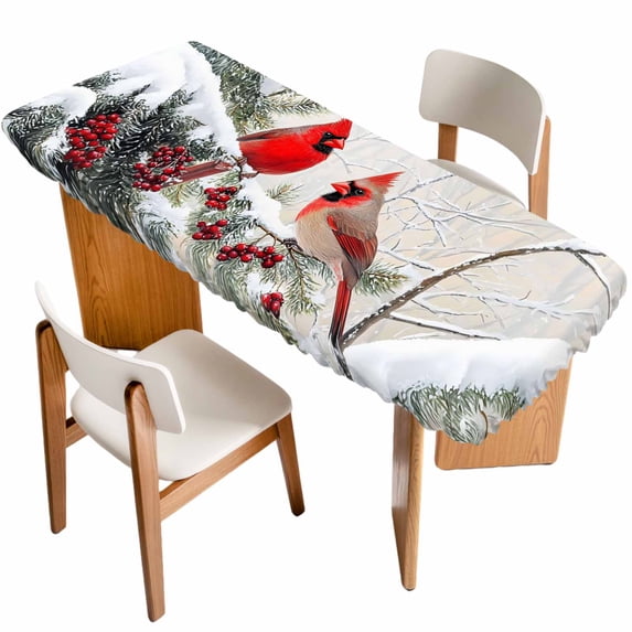 Christmas Red Birds Table Cloths for 8 Foot Rectangle Tables, Winter Holiday Pine Branches Snowflake Patio Waterproof Elastic Fitted Tablecloths, Washable Rectangular Table Cover for Camping