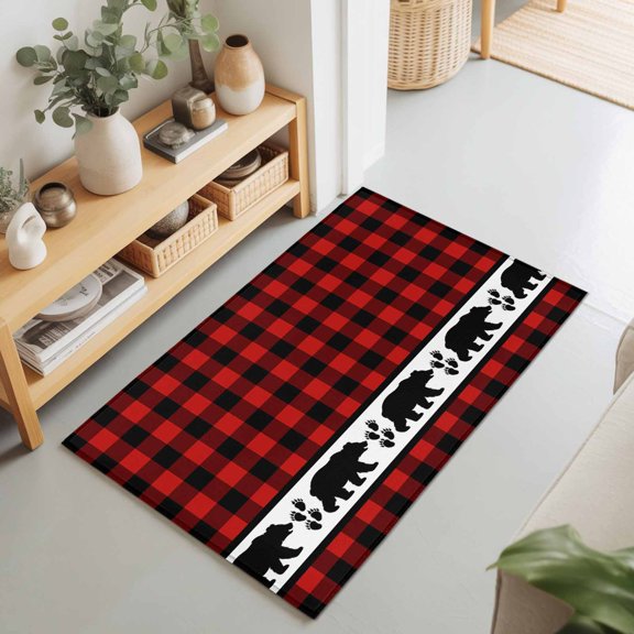 Christmas Red Black Buffalo Checker Rectangle Rug 2'x3' Bear Shadow Animal Footprints Washable Area Rugs for Living Room Bedroom Entryway Non Slip Entrance Door Mat Indoor Floor Carpet
