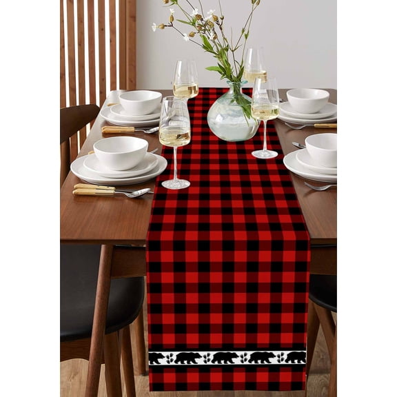 Christmas Red Black Buffalo Checker Table Runner 13x72in Non-Slip Cotton Linen Table Runners, Bear Shadow Animal Footprints Dresser Scarves TableRunner for Dinner Kitchen Dining Wedding Party