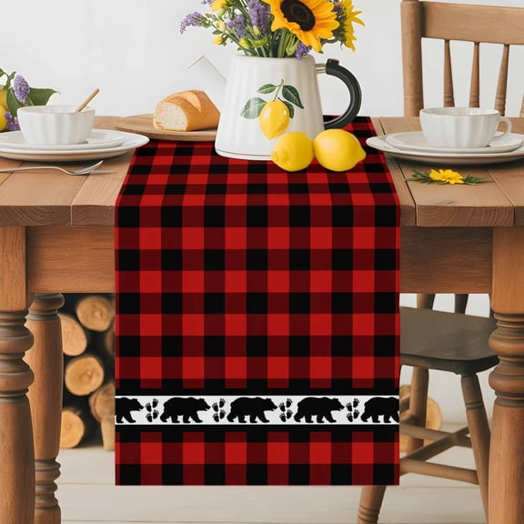 Christmas Red Black Buffalo Checker Table Runner 36 Inches Long, Bear Shadow Animal Footprints Table Runners Tabletop Scarf Kitchen Dining Tables Decoration for Home Party Indoor Outdoor