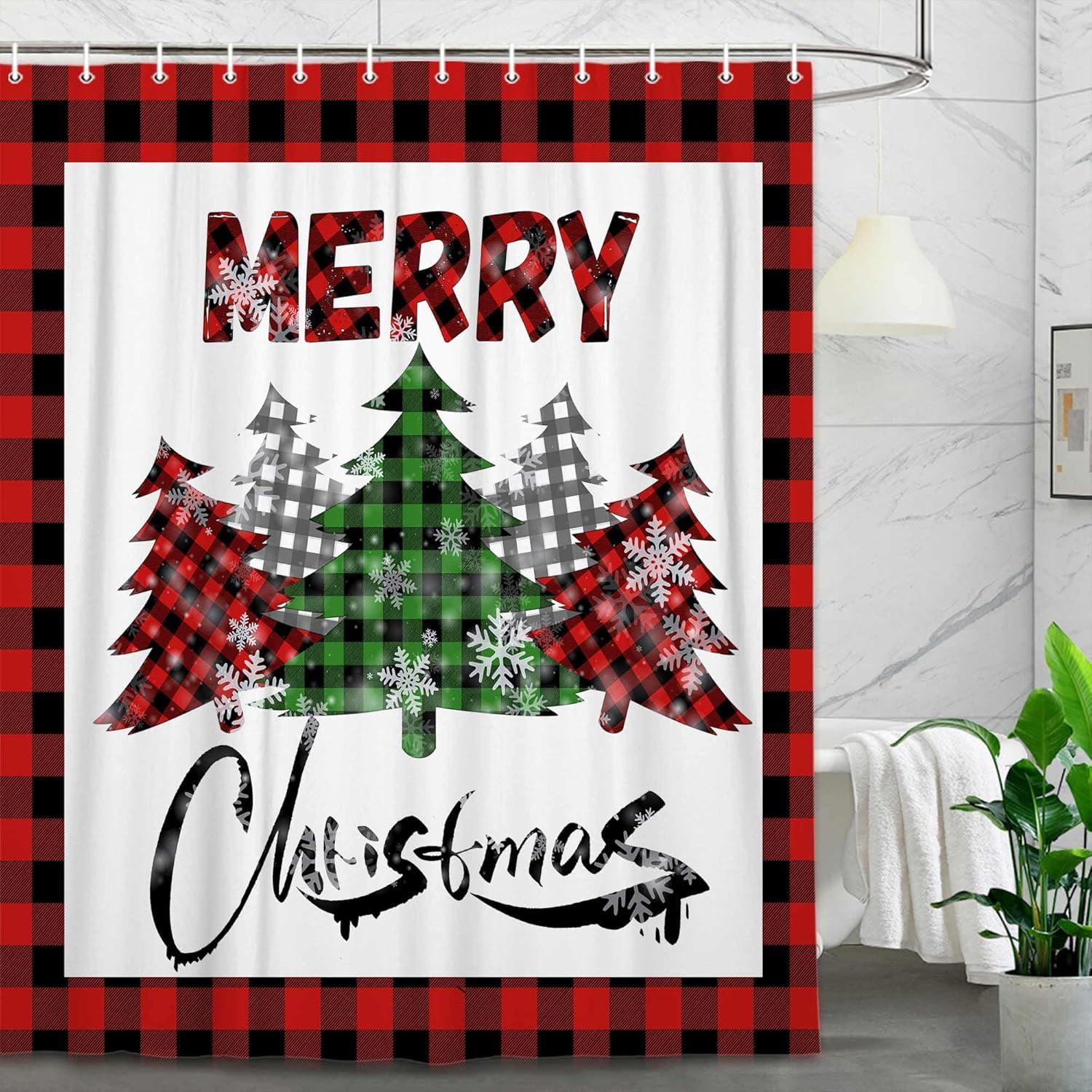 Christmas Red Black Buffalo Plaid Shower Curtain Set, Xmas Tree Snowflake Winter Scene Bathroom Shower Curtain, Fabric Art Christmas Bath Curtain with Hooks,70X70IN - Walmart.com