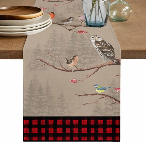 Christmas Red Black Plaid Table Runner 36 Inches, Vintage Xmas Tree Birds on Branch Bed Runner Dresser Scarves Tabletop for Indoor Outdoor Parties/Ceremony/Banquet, 13"x 36"