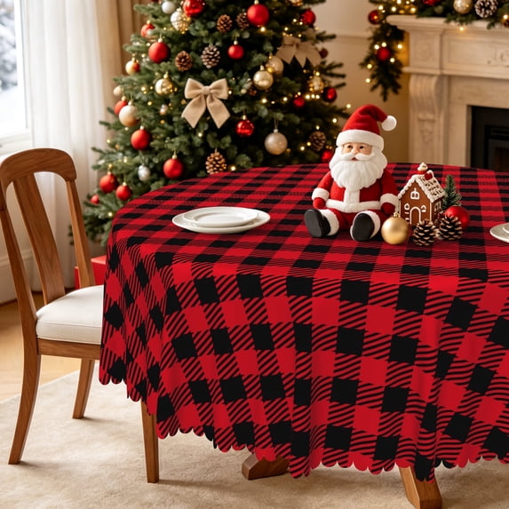 Christmas Red Buffalo Check Round Tablecloth,60 Inch,Washable Stain Resistant Table Cover for Holiday Party