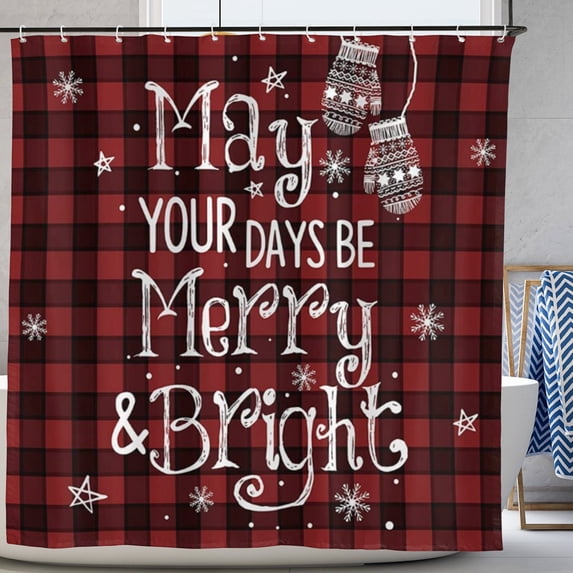 Christmas Red Buffalo Plaid Shower Curtain Sets Winter May Your Days Be Merry and Bright Bathroom Decoration 72x72 In with Hooks