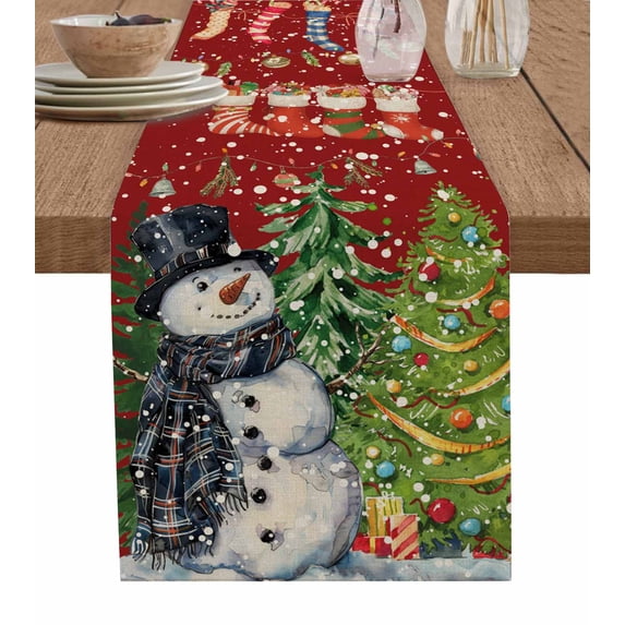 Christmas Red Burlap-Cotton Table Runner 36 Inches Long,Winter Snowmen Snowflake Xmas Tree Farmhouse Table Runners,Outdoor Dining Tablecloths Decor for Baby Shower/Party/Wedding 13x36