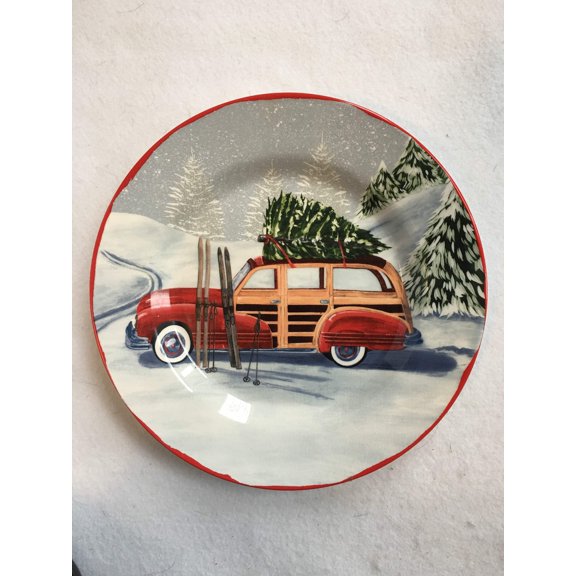 Christmas Red Car Carrying Tree With Skis Resting On Side Plate