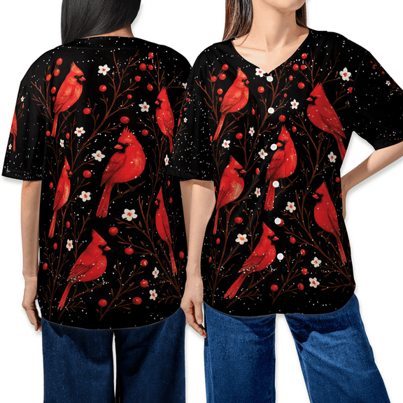 Christmas Red Cardinal Baseball Jersey Shirt – Festive Winter Bird & Floral Print Holiday Outfit, Nature Inspired Xmas Gift Shirt For Men & Women