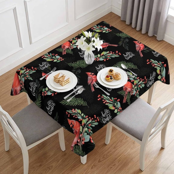 Christmas Red Cardinal Berry Table Cloth 60x84in, Waterproof Rectangle Tablecloth Wipeable Tablecloths Winter Green Pine Leaf on Black Table Covers for Dining Tables Party Indoor Outdoor