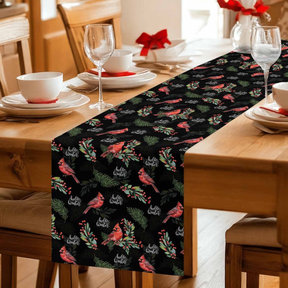 Christmas Red Cardinal Berry Table Runner 36 Inches Long,Kitchen Dining Tablerunners Winter Green Pine Leaf on Black Linen Table Runners Dresser Scarves for Home Dinner Wedding Holiday Party Decor