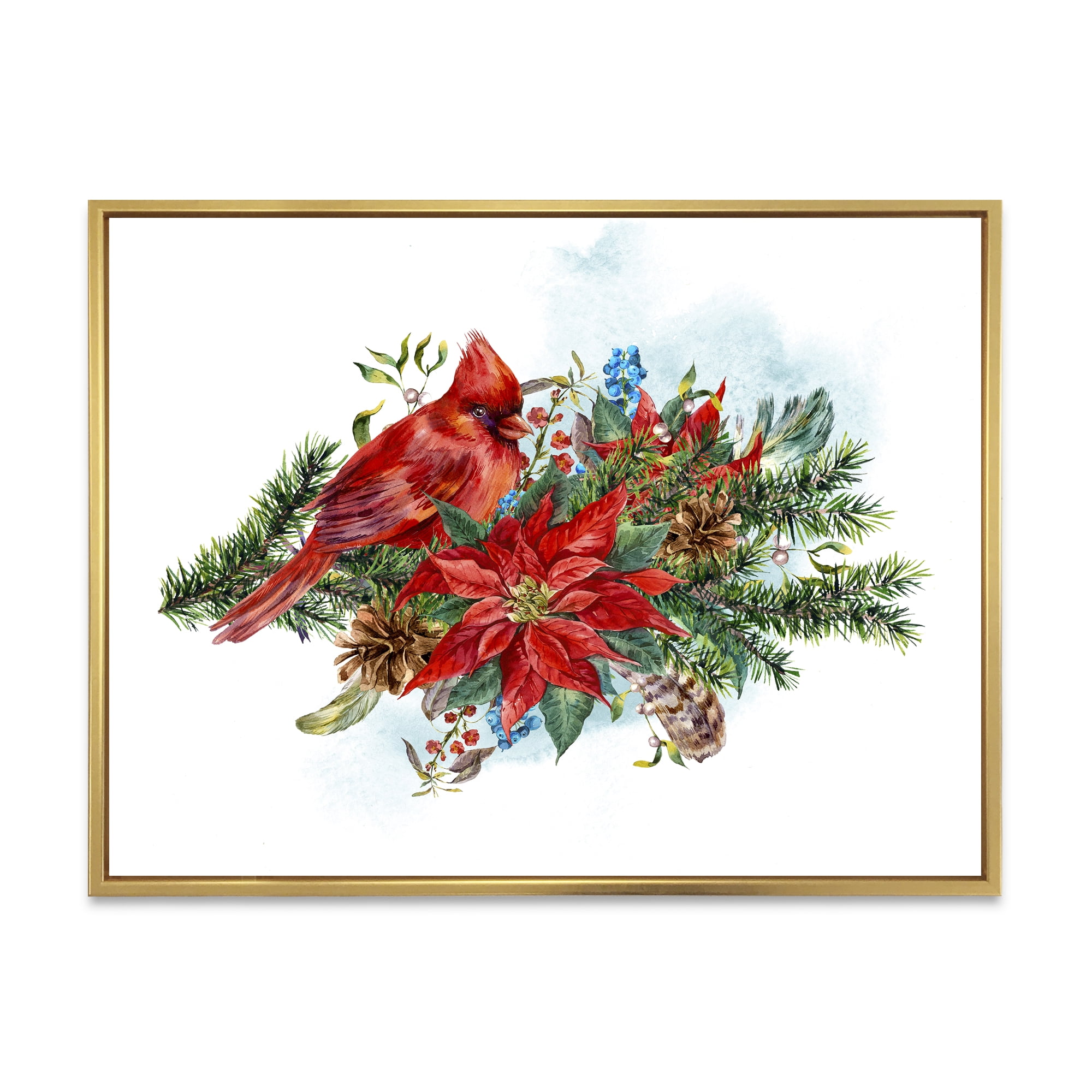 Christmas Red Cardinal Bird and Poinsettia 32 in x 16 in Framed Painting Canvas Art Print, by Designart