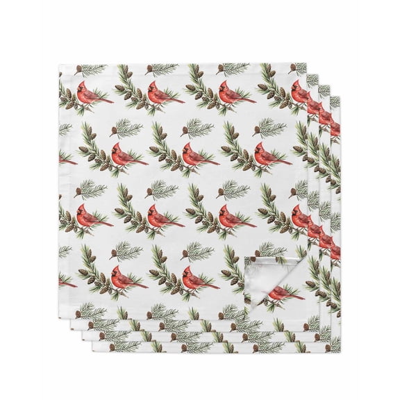 Christmas Red Cardinal Birds Cloth Napkins Set of 4 Reusable Dinner Napkins, Xmas Pine Branch Cones Rustic Cocktail Napkin Washable Table Napkins for Wedding/Holiday Party/Baby Shower 20"x20"