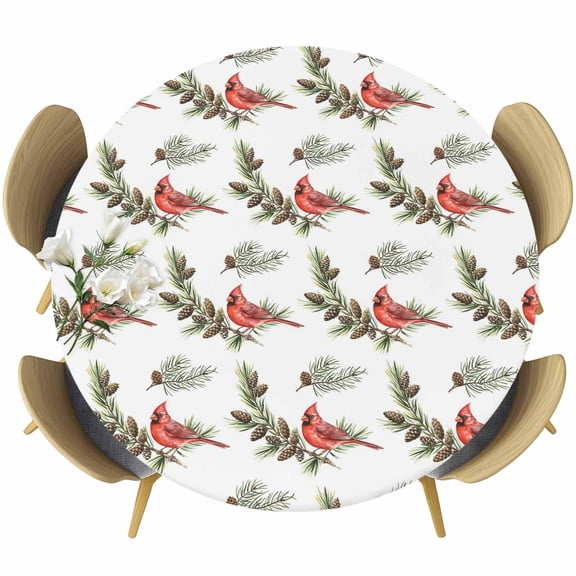 Christmas Red Cardinal Birds Round Tablecloth, Fitted Table Cover with Elastic for 36"-44" Round Tables, Xmas Pine Branch Cones Rustic Table Cloth Outdoor Indoor Dinning Party Waterproof Tablecloths
