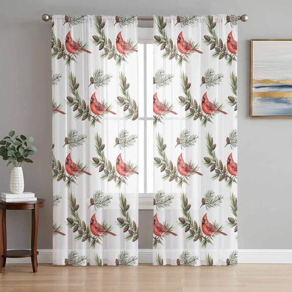 Christmas Red Cardinal Birds Sheer Curtains 72 Inch Length 2 Panels Set, Xmas Pine Branch Cones Rustic Voile Window Treatment Curtains Sheers Drapes for Bedroom/Living Room/Kitchen 52"x72"x2