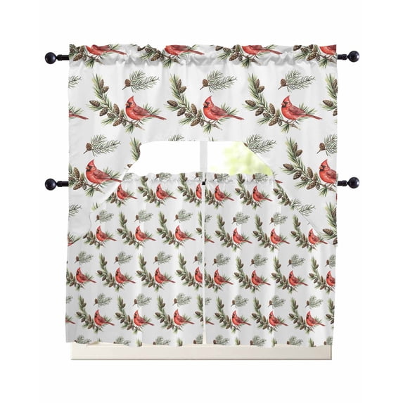 Christmas Red Cardinal Birds Swag Kitchen Curtains Sets for Windows 24 Inch Length, Xmas Pine Branch Cones Rustic Short Window Curtain Panels Swags Valances and Tiers 3 Piece Set for Cafe/Dining Room
