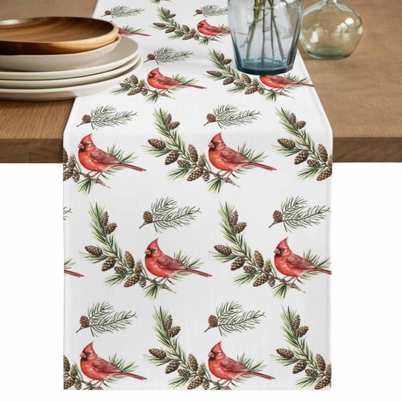 Christmas Red Cardinal Birds Table Runner 48 Inches, Xmas Pine Branch Cones Rustic Bed Runner Dresser Scarves Tabletop for Indoor Outdoor Parties/Ceremony/Banquet, 13" x 48"