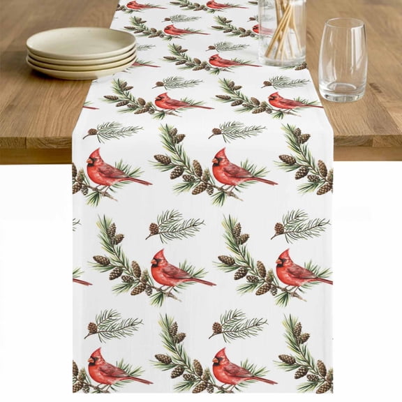 Christmas Red Cardinal Birds Table Runner 70 Inches Long Farmhouse Dress Scarves, Xmas Pine Branch Cones Rustic Dining Tablerunner for Coffee Table/Kitchen Island/Party Décor, 13" x 70"