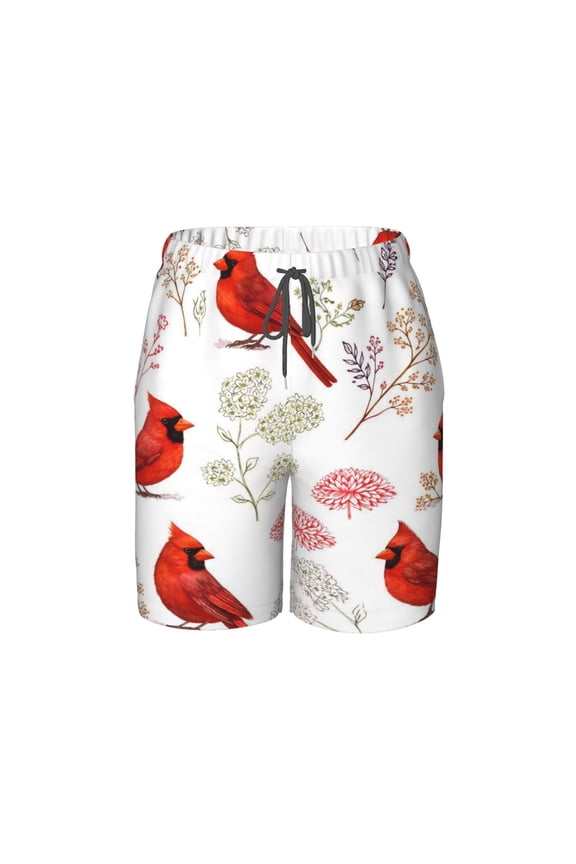Christmas Red Cardinal Pattern Beach Pants Teen Shorts with Mesh Lining and Drawstring