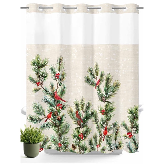 Christmas Red Cardinal on Spruce Branch Leaves No Hooks Shower Curtain with Snap in Fabric Liner Set, Winter Snow Shower Curtains Waterproof Bathroom Curtain with See Through Top Window, 72x72 Inch