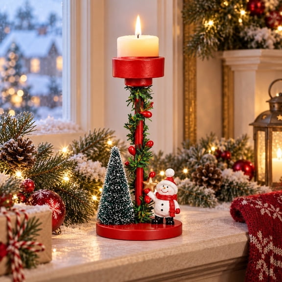 Christmas Red Cartoon Pillar Candle Holders with Christmas Tree and Characters, Vintage Holiday Candle Stands for Table Centerpiece, Candlestick Holder for Dining & Living Room Decoration
