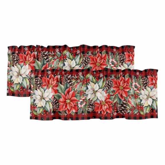 Christmas Red Check Valances for Windows, Decorative Rod Pocket Window Valance Curtains, Poinsettia Xmas Flower Snowflake Berry Short Curtain Drapes for Kitchen/Living Room, 2 Panels, 42" W x 12" L