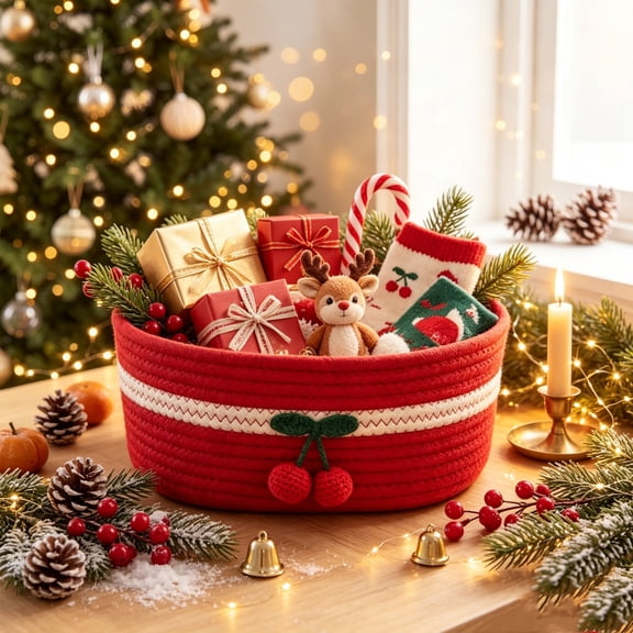Christmas Red Cherry Storage Basket, 11.81 inch Oval Cotton Rope Organizer Bin with Handles, Holiday Decorative Basket for Toys and Blankets