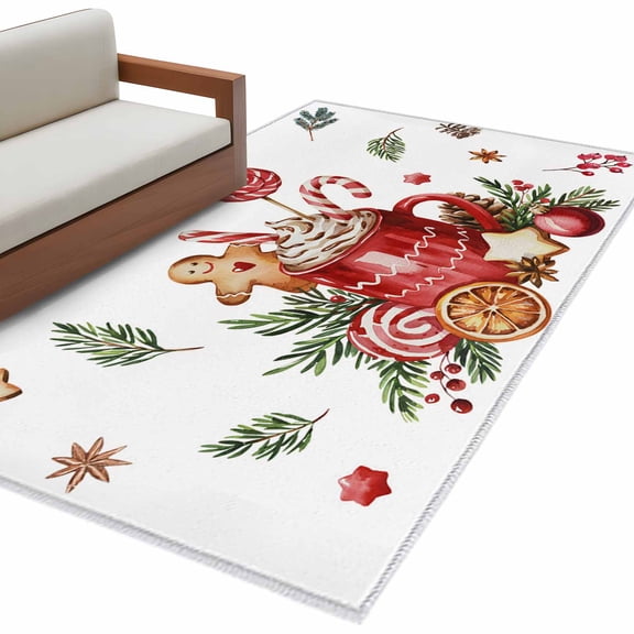 Christmas Red Coffee Gingerbread Man Area Rug 4x6ft Candy Pine Branch Non-Slip Washable Square Rugs Soft Felt Indoor Floor Mat for Bedroom Kitchen Living Room Bathroom