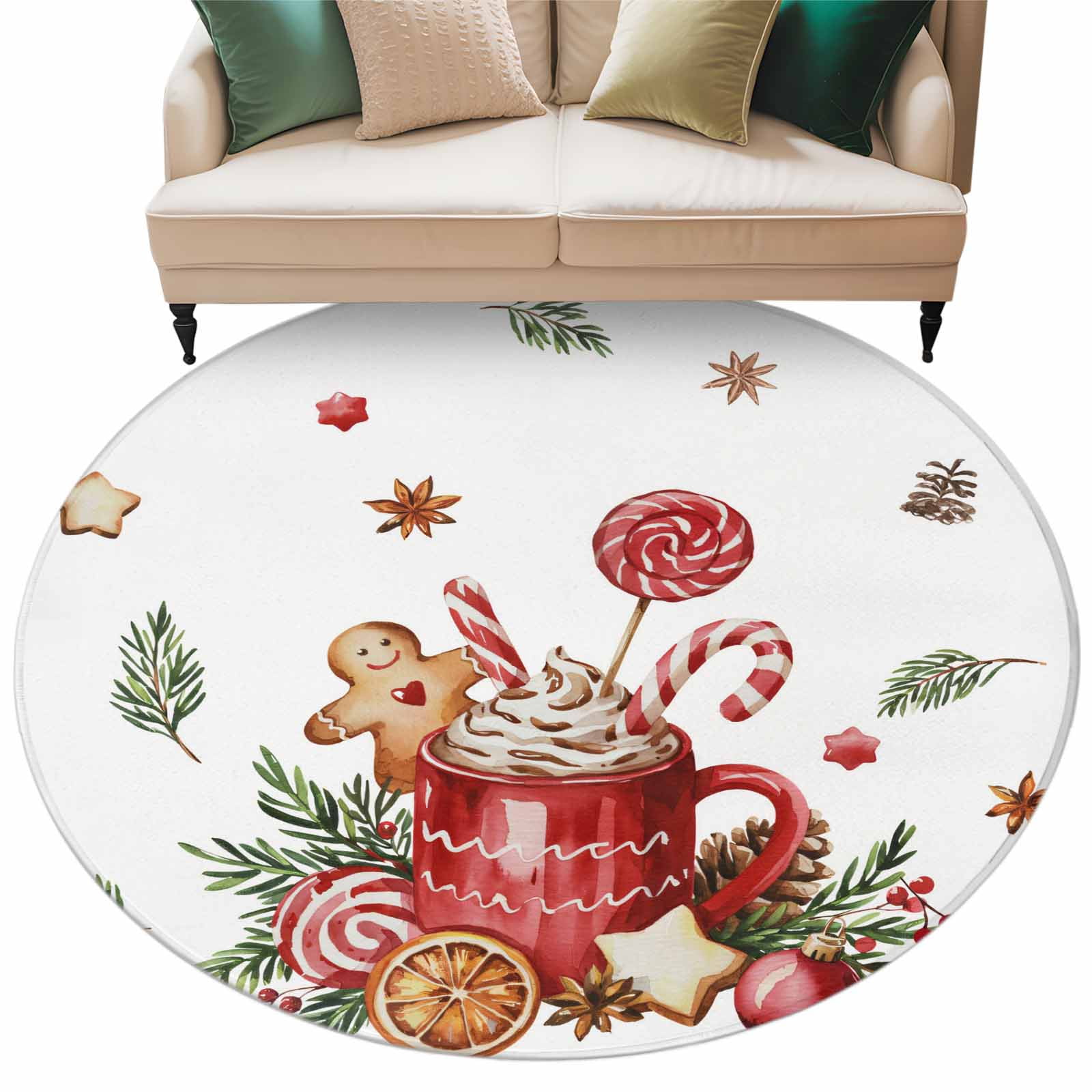 Christmas Red Coffee Gingerbread Man Round Area Rug 5ft Candy Pine ...