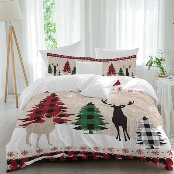 Christmas Red Comforter Set Queen Size, Black Plaid Reindeer and Xmas Tree Soft Bedding Set for Man Woman, 4 Pieces Duvet Cover Set with Fitted Sheet, 2 Pillowcases