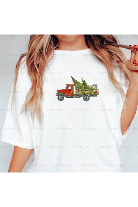 Christmas Red Country Truck 1 Funny Holiday Vehicle Graphic Unisex T-Shirt, up to size 5XL-TS WHITE