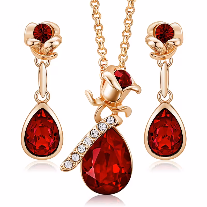 Christmas Red Crystal Jewelry Set, Rose Gold Necklace and Earrings, Holiday Teardrop Pendant Set, Elegant Christmas Gift for Wife, Mom, or Girlfriend