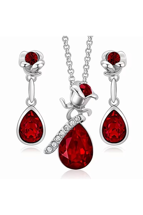 Christmas Red Crystal Jewelry Set, Rose Gold Necklace and Earrings, Holiday Teardrop Pendant Set, Elegant Christmas Gift for Wife, Mom, or Girlfriend