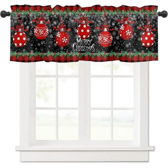 Christmas Red Curtain Valance for Windows/Living Room/Kitchen/Bathroom/Farmhouse, Watercolor Holly Berry Xmas Balls Black Short Rod Pocket Tier Curtain Merry Christmas Window Treatment, 1 Panel 54x18
