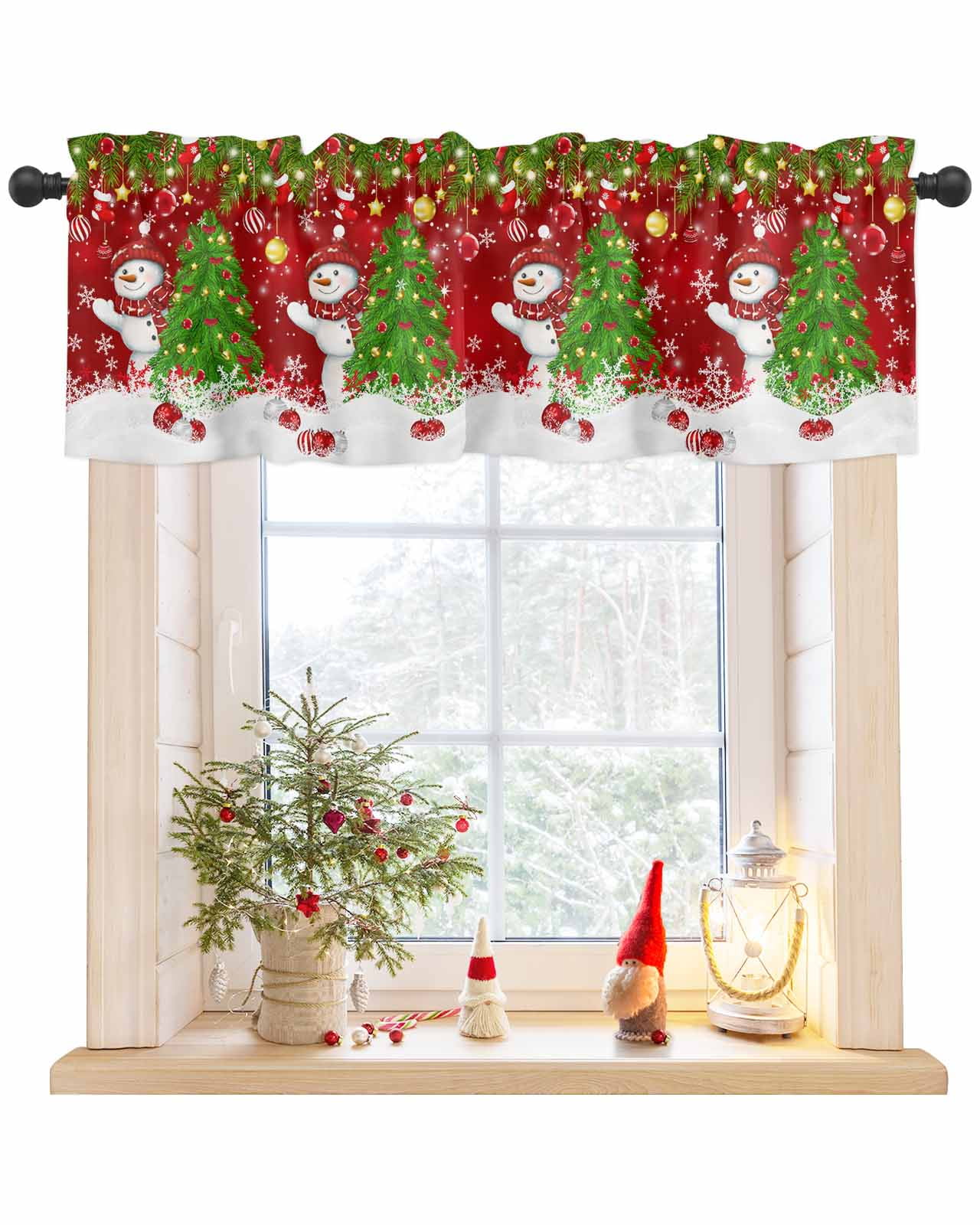 Christmas Red Curtain Valance for Windows Snowman Snowflake Pine Tree