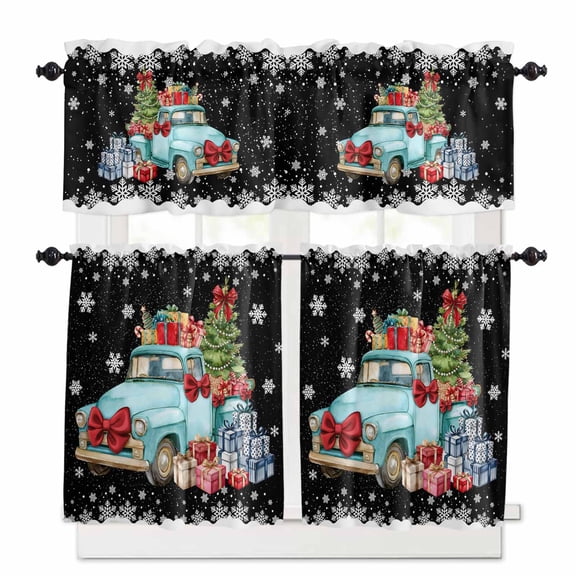 Christmas Red Curtain Valances Set Greece Vintage Farmhouse Kitchen Curtains 24&nbsp;inch Length Rod Pocket Valance and Tiers 3 Piece Set Small Bedroom Bathroom Laundry Decor