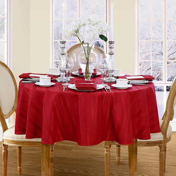 Christmas Red Denley Woven Textured Satin Stripe 70 inch Round Fabric Dining Tablecloth