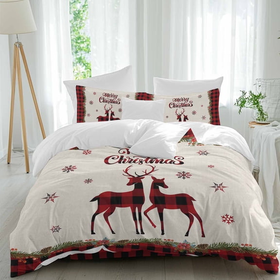 Christmas Red Duvet Cover Set Cal King Size, and Black Buffalo Plaid Elk 4 Piece Soft Microfiber Bedding Set with Zipper Closure, 1 Comforter Cover, 1 Flat Sheet, 2 Pillowcases