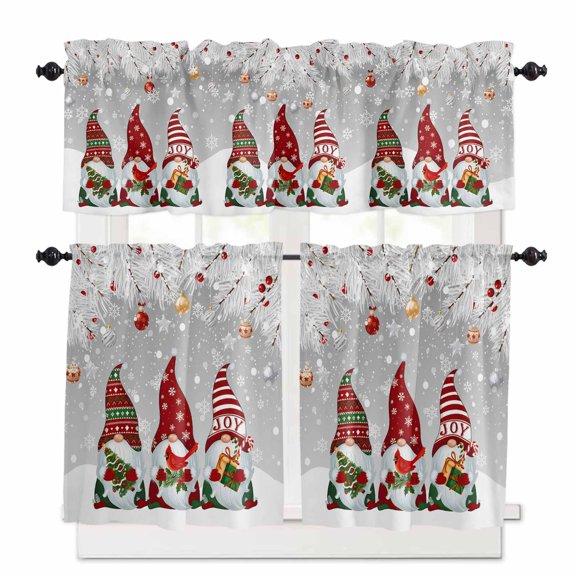 Christmas Red Dwarfs Kitchen Curtains and Valances Set, Gray Winter Pine Needle Ball Rod Pocket Window Valance 18 Inch Window Curtain Panels for Living Room Bedroom Laundry, 27.5x24in, 3 Pieces