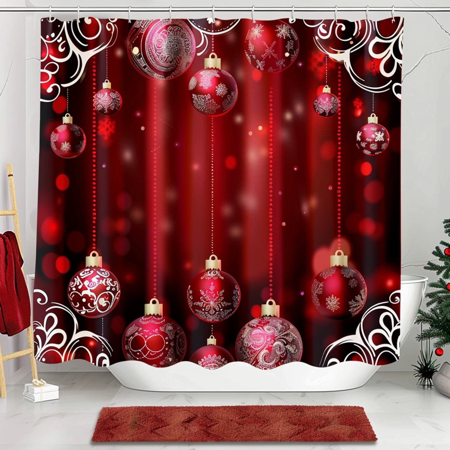 Christmas Red Festive Pattern Shower Curtain Set with Balls & Ornaments