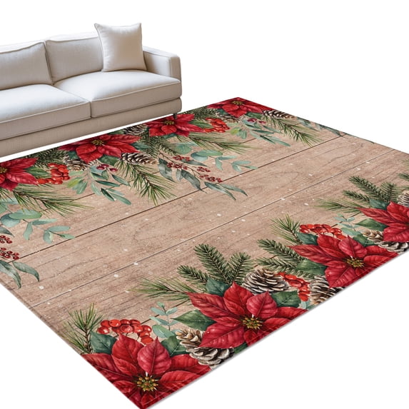 Christmas Red Floral Area Rug 2.7'x5', Winter Berry Pine Cone Flower ...
