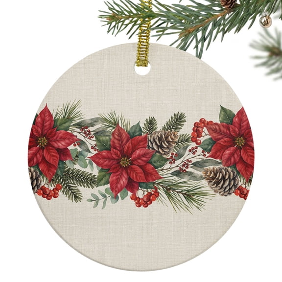 Christmas Red Floral Ceramic Ornament 3 Inch Winter Vintage Farmhouse Pine Cone Flower Round Porcelain Christmas Ornaments with Gold String for Holiday Party Xmas Tree Decor Gift for Friends Family