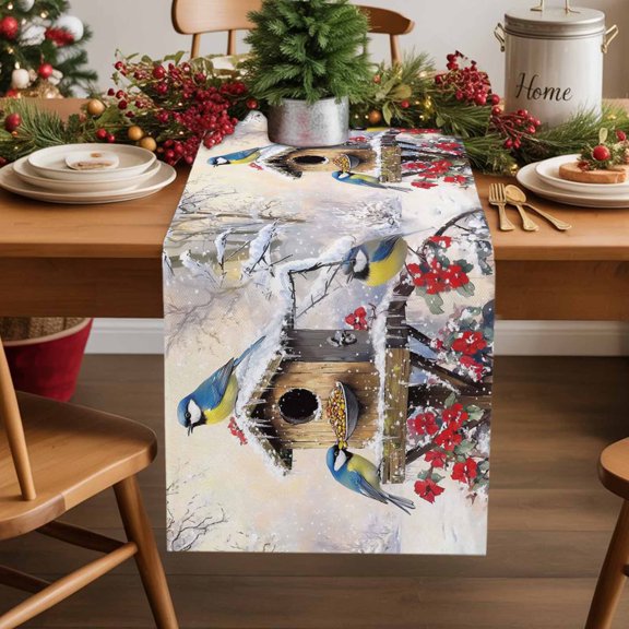 Christmas Red Flower Bird House Table Runner 13x70in Non-Slip Cotton Linen Table Runners, White Snow Branch Dresser Scarves TableRunner for Dinner Kitchen Dining Wedding Party