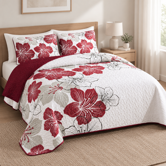 Christmas Red Flower King (104"x 90") 3-Piece Bedding Quilt Set