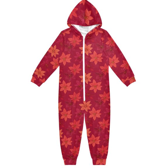 Christmas Red Flower Pattern One Piece Pajamas Soft Jumpsuit Cozy Sleep and Play Romper Zipper and Pockets 5-6T